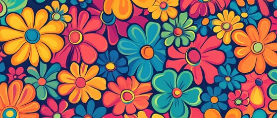 Fototapeta premium Vibrant Retro Floral Pattern: Colorful Daisy Flower Power Background