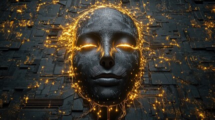 A hyper-realistic digital art piece showing the contours of a human face intricately designed with bright golden filaments and illuminated nodal points, seamlessly merging with a sleek digital floor, 