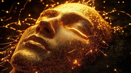 A hyper-realistic digital art piece showing the contours of a human face intricately designed with bright golden filaments and illuminated nodal points, seamlessly merging with a sleek digital floor, 