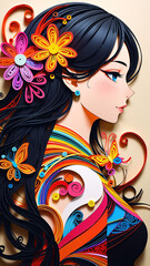Naklejka premium Whimsical quill art depicting a woman surrounded by colorful paper with intricate and decorative flourishes