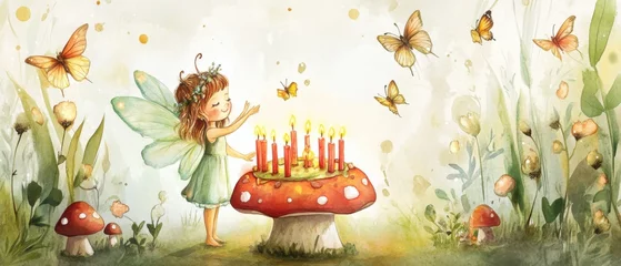 Magical Fairy Girl Celebrates Birthday with Mushroom Cake and Butterflies