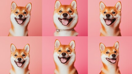 Obraz premium A six-panel photo collage of a Shiba Inu dog, known as Doge, with a happy smile and expressive eyes