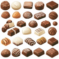 Assorted chocolate candies, various shapes.
