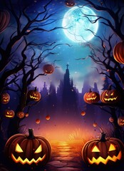 Fototapeta premium Spooky Halloween night scene with jack-o'-lanterns, castle, and full moon.