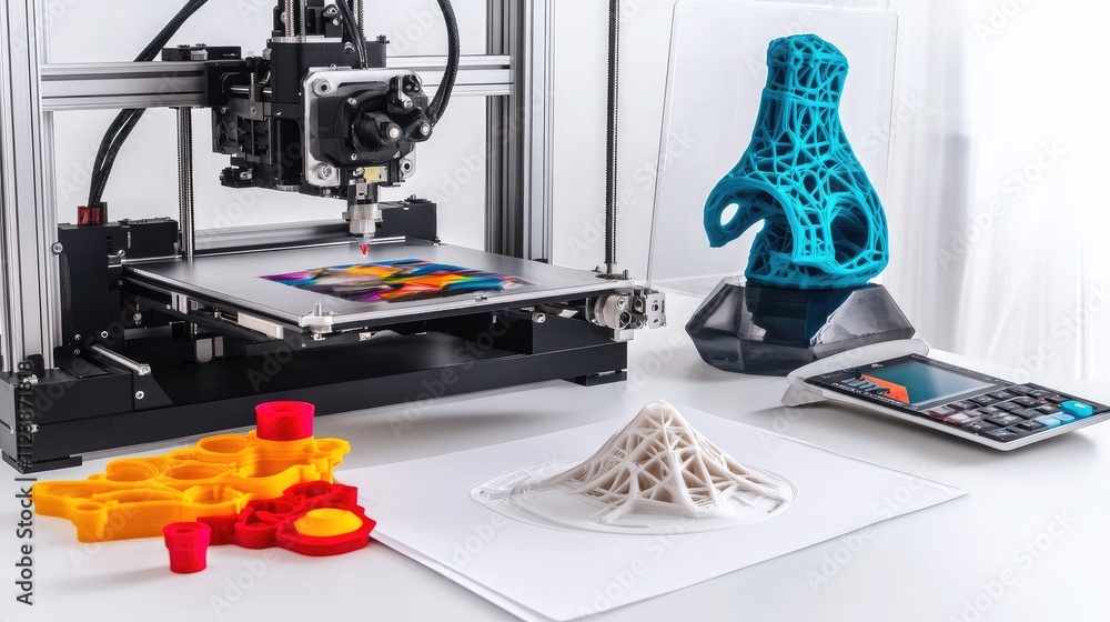 Poster advanced 3d printing technology with colorful filaments and models