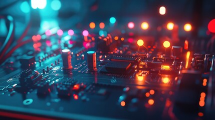 Obraz premium Colorful Circuit Board with Bright LED Lights and Electronic Components