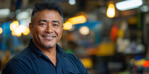 Fototapeta premium Latin male mechanic, at workplace, blurred background