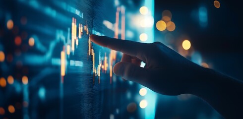 A hand pointing at the stock market chart on an interactive digital screen, with candlestick charts and real-time data