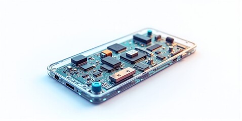 A fully transparent smart phone that unveils its inner electronic landscape, transforming technology into a mesmerizing visual experience