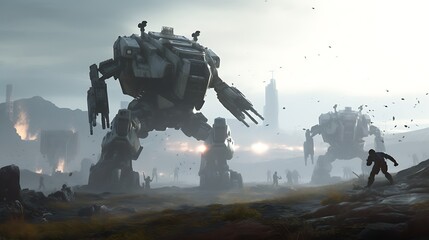 Giant Robots Confronting Humanoids in a Desolate Landscape