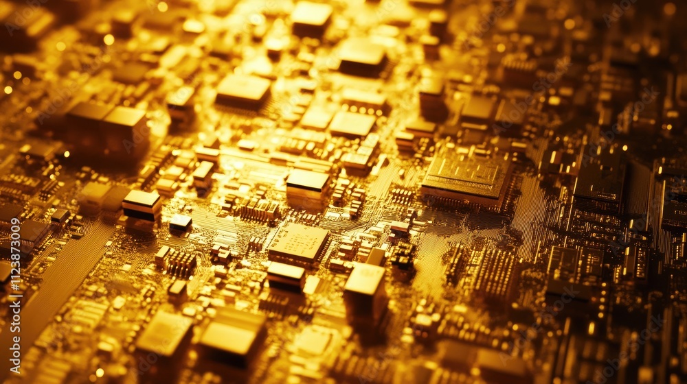 Poster golden circuit board with complex microchips and electronics detail