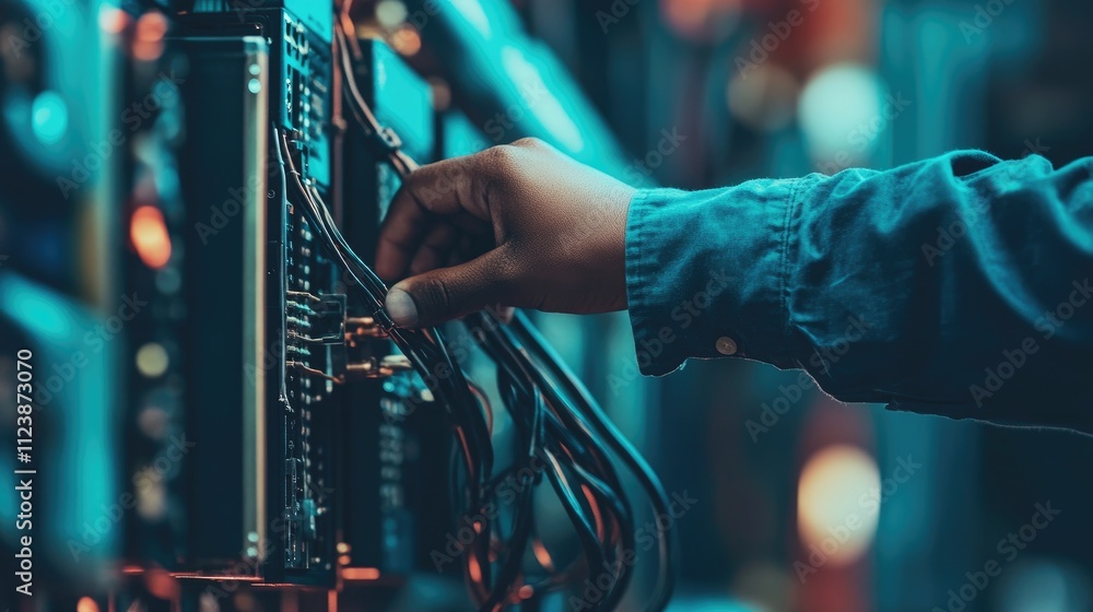 Poster technician connecting wires inside a high-tech server room setup