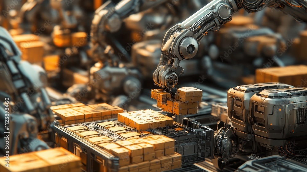 Poster robotic arms operate in automated factory for package handling