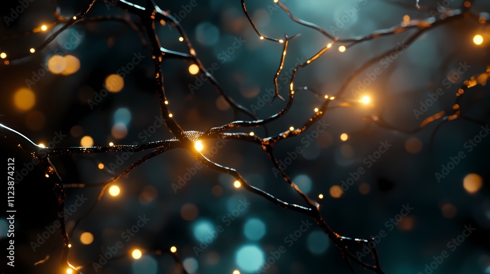 Poster glowing neural network, abstract concept of interconnectedness and innovation.