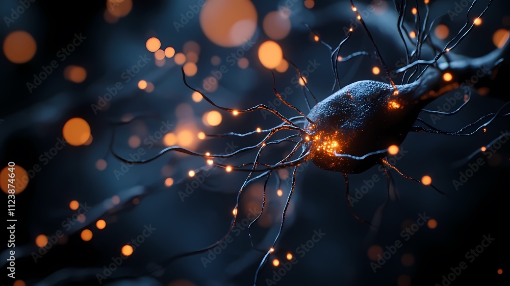 Poster glowing neuron cell with synapses firing.