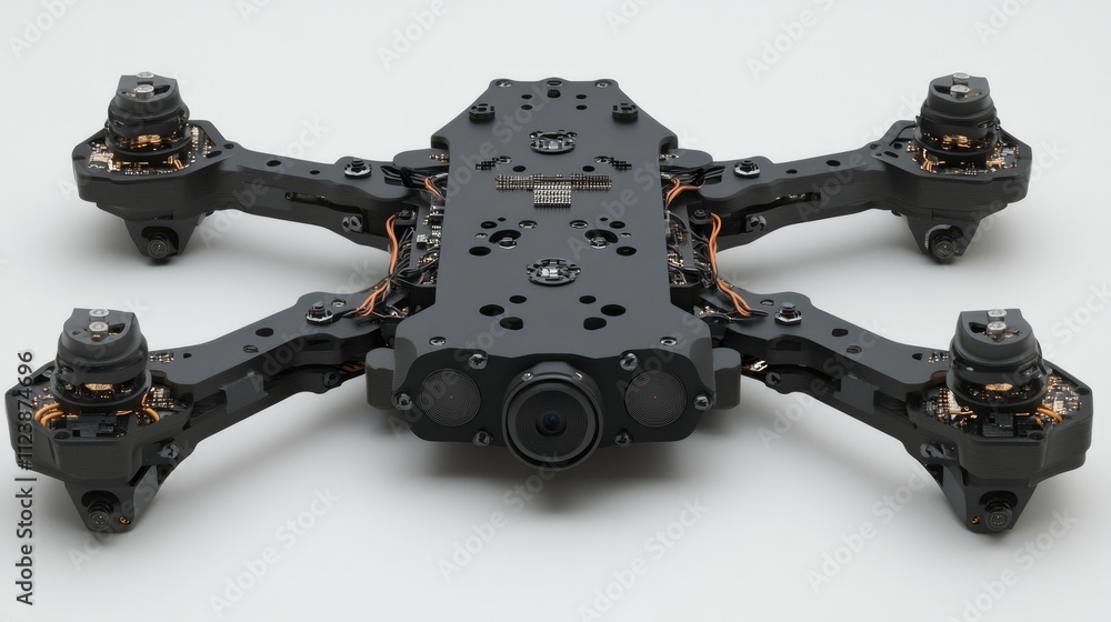 Poster drone chassis with four rotors and camera components visible