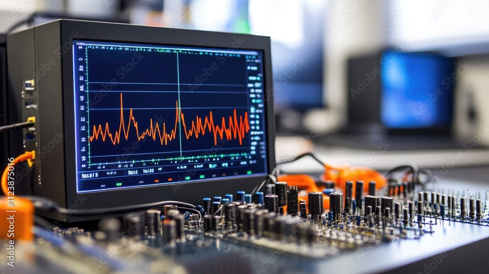 Poster analyzing sound waves on digital audio workstation monitor display