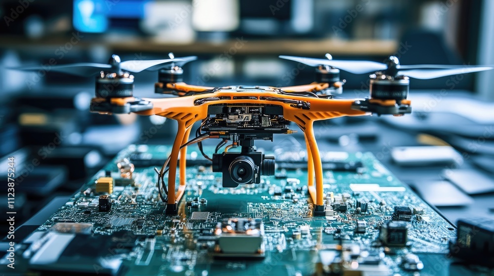 Poster high-tech drone on circuit board with advanced electronics setup