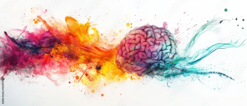 Poster abstract brain exploding with colorful watercolor paint splashes