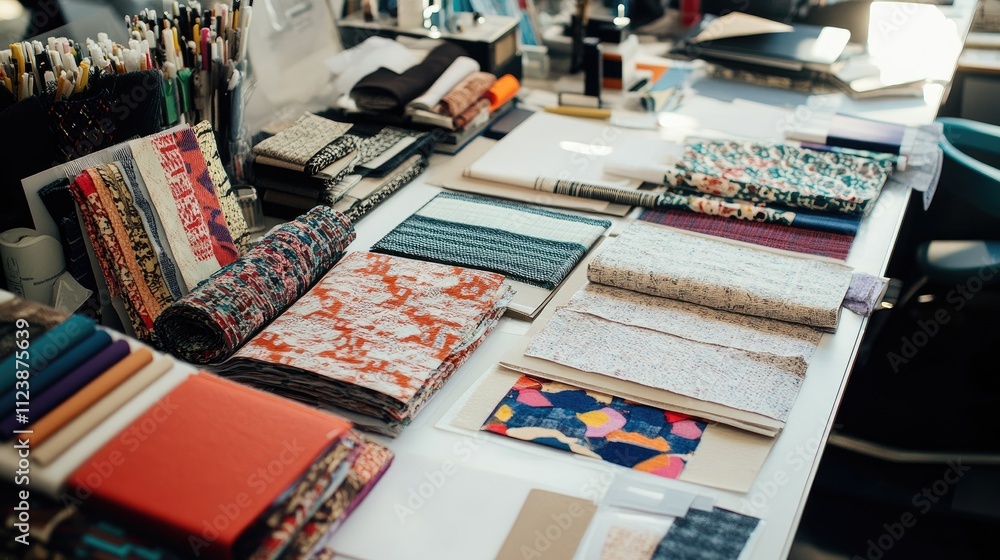 Poster textiles and patterns spread on a bright creative workspace table