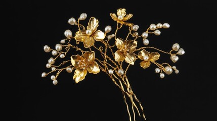 Fototapeta premium Elegant floral hair accessory with gold flowers and pearl accents