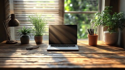 Fototapeta premium Sunlit workspace with laptop, plants, and desk.