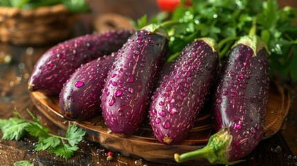 Fresh purple eggplants with water droplets on a wooden board.