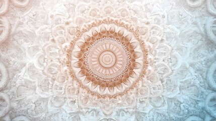 Intricate mandala design in pastel peach and white.