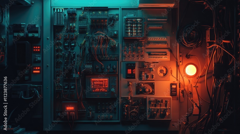 Poster control panel with neon lights and complex wiring in dark setting