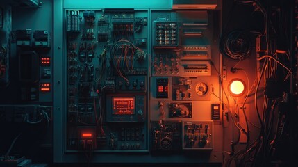 Fototapeta premium Control Panel with Neon Lights and Complex Wiring in Dark Setting