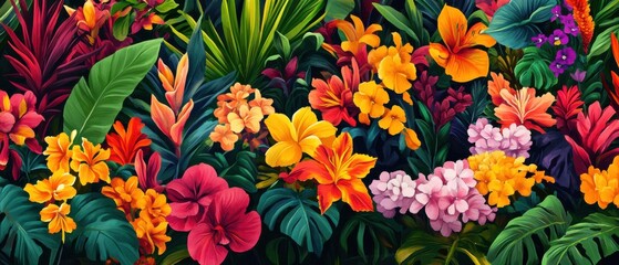 Fototapeta premium Vibrant Tropical Flowers and Lush Green Leaves Seamless Pattern