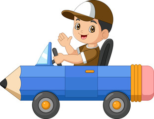 Cartoon boy riding a pencil car