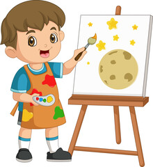cute boy painting space on canvas