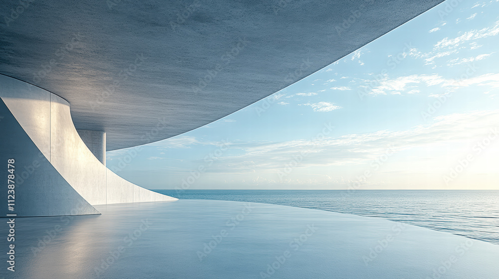Poster a clean and simple background of an empty concrete floor with the ocean in the distance, with a ligh