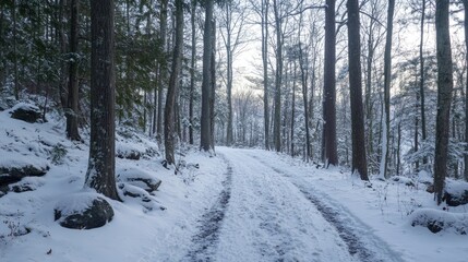 Fototapeta premium Snowy Winter Trail in a Peaceful Forest Surrounded by Trees