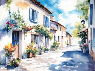 Obraz premium Watercolor painting, sunny street, flowers, charming houses.