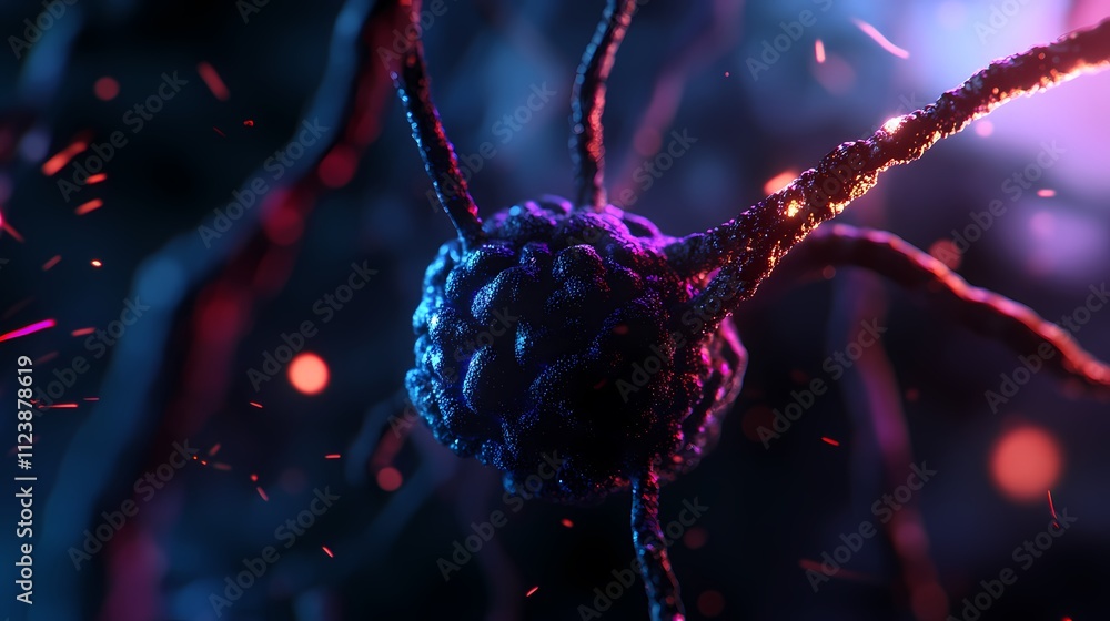 Poster microscopic view of a neuron cell with glowing axons and dendrites.
