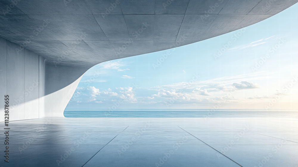 Poster a clean and simple background of an empty concrete floor with the ocean in the distance, with a ligh