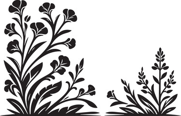 Watercress plant in art deco decoration, corner border, black and white illustration,
