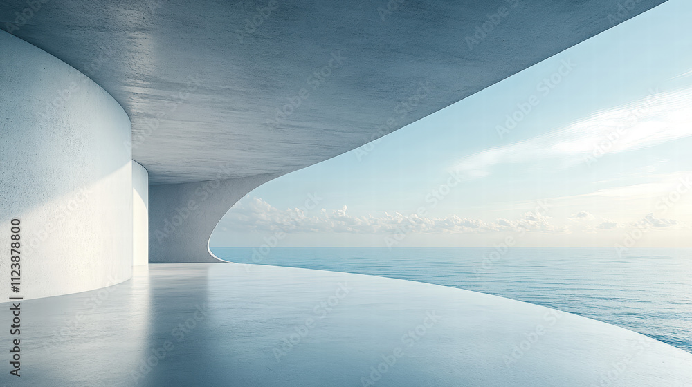 Poster a clean and simple background of an empty concrete floor with the ocean in the distance, with a ligh