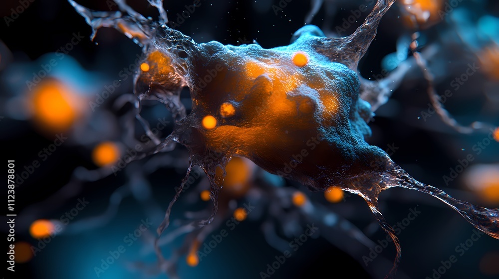 Poster microscopic view of a neuron cell with glowing synapses. (1)