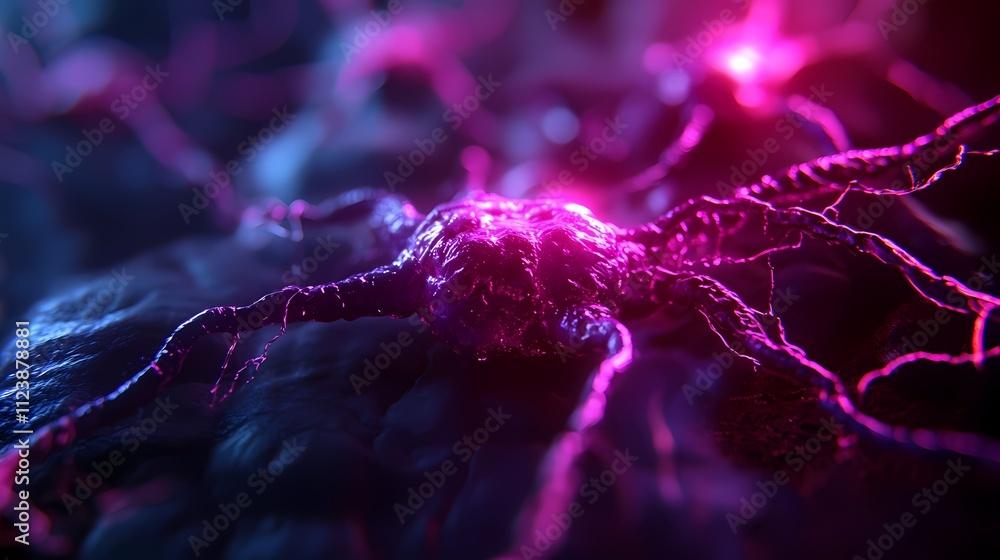 Poster microscopic view of a neuron cell with glowing synapses.