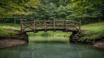 Wooden Bridge Over Calm Water Surrounded by Lush Greenery