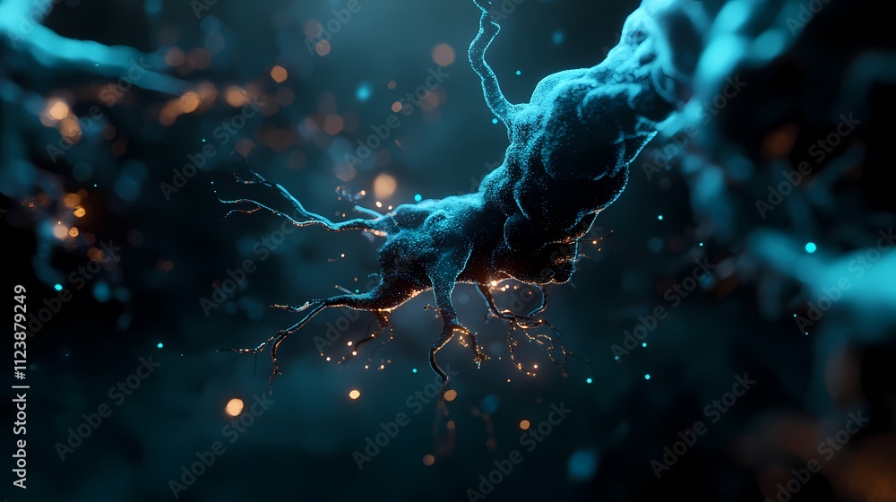 Poster microscopic view of a neuron with glowing synapses.