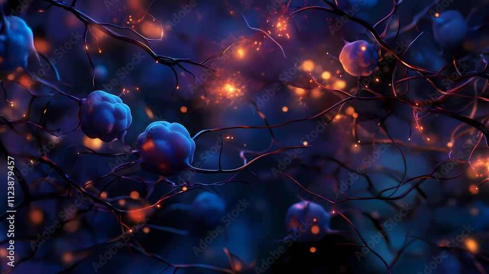 Poster microscopic view of glowing neurons and synapses.