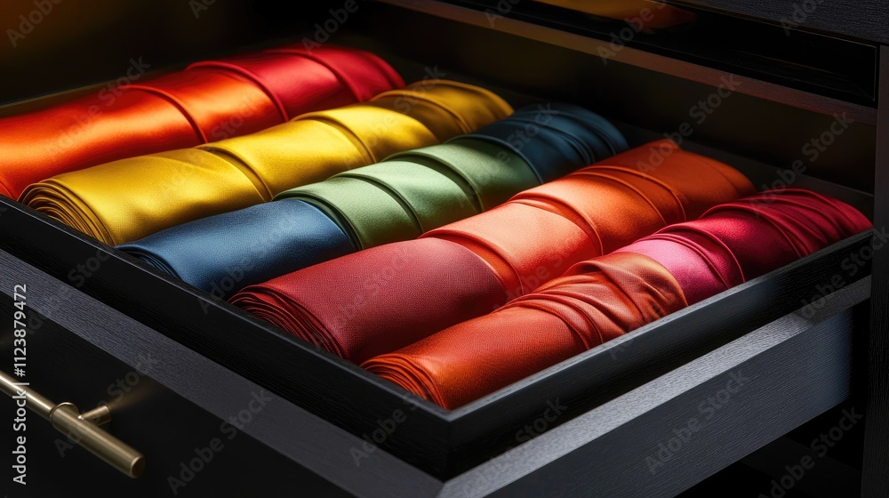 Poster neatly folded colorful fabric rolls in a drawer organized display
