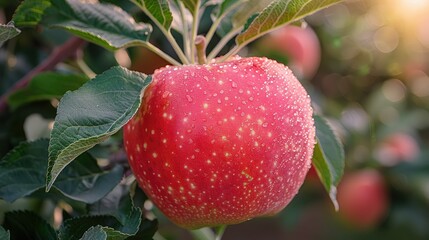 Obraz premium Red apple on branch with dew drops, orchard background.