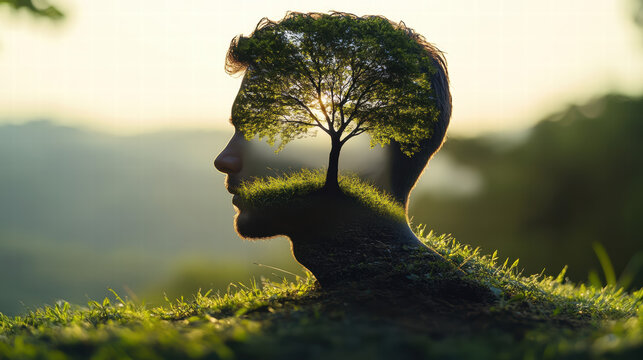 A man's profile with a tree growing on his head, a silhouette double exposure, set against a green valley background with a sunris