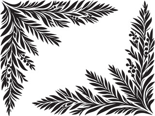 Yew branches in art deco decoration, corner border, black and white illustration,