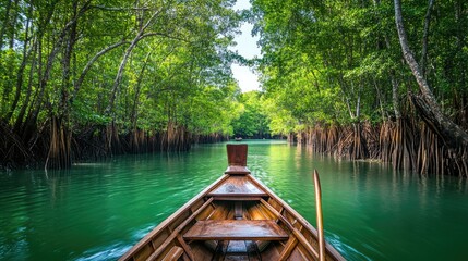Fototapeta premium Tranquil Canoe Journey Through Lush Green Mangrove Forest